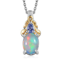 Premium Ethiopian Welo Opal and Tanzanite Pendant Necklace in Vermeil YG and Platinum Over Sterling Silver, Opal Jewelry, 20 Inch Pendant Necklace, Gift For Her 1.00 ctw
