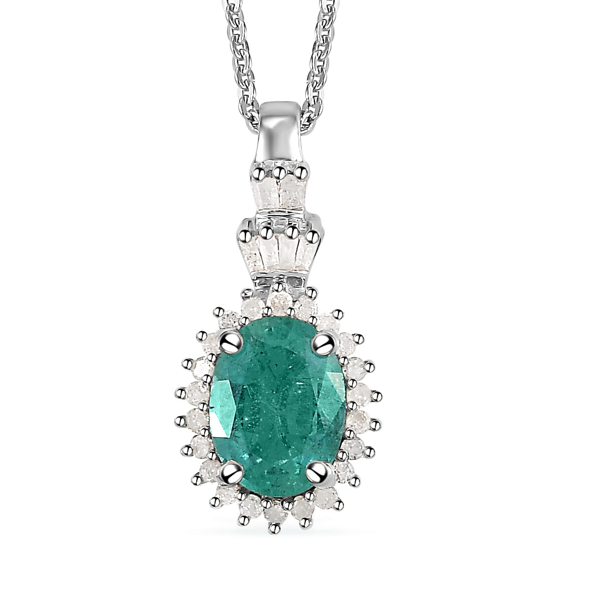 AAA Kagem Zambian Emerald and Diamond Halo Pendant Necklace 20 Inches in Vermeil Yellow Gold Over Sterling Silver 1.35 ctw