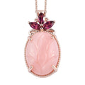 Peruvian Pink Opal Carved and Orissa Rhodolite Garnet Solitaire Pendant Necklace 20 Inches in Vermeil Rose Gold Over Sterling Silver 7.90 ctw - Sticky add to cart bar