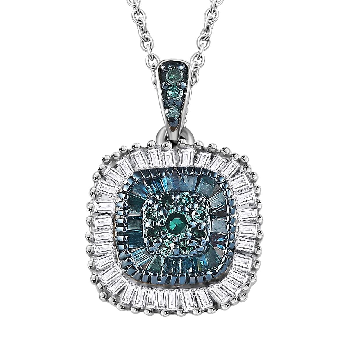 Blue Diamond and Diamond Cluster Pendant Necklace 20 Inches in Rhodium and Platinum Over Sterling Silver 0.50 ctw