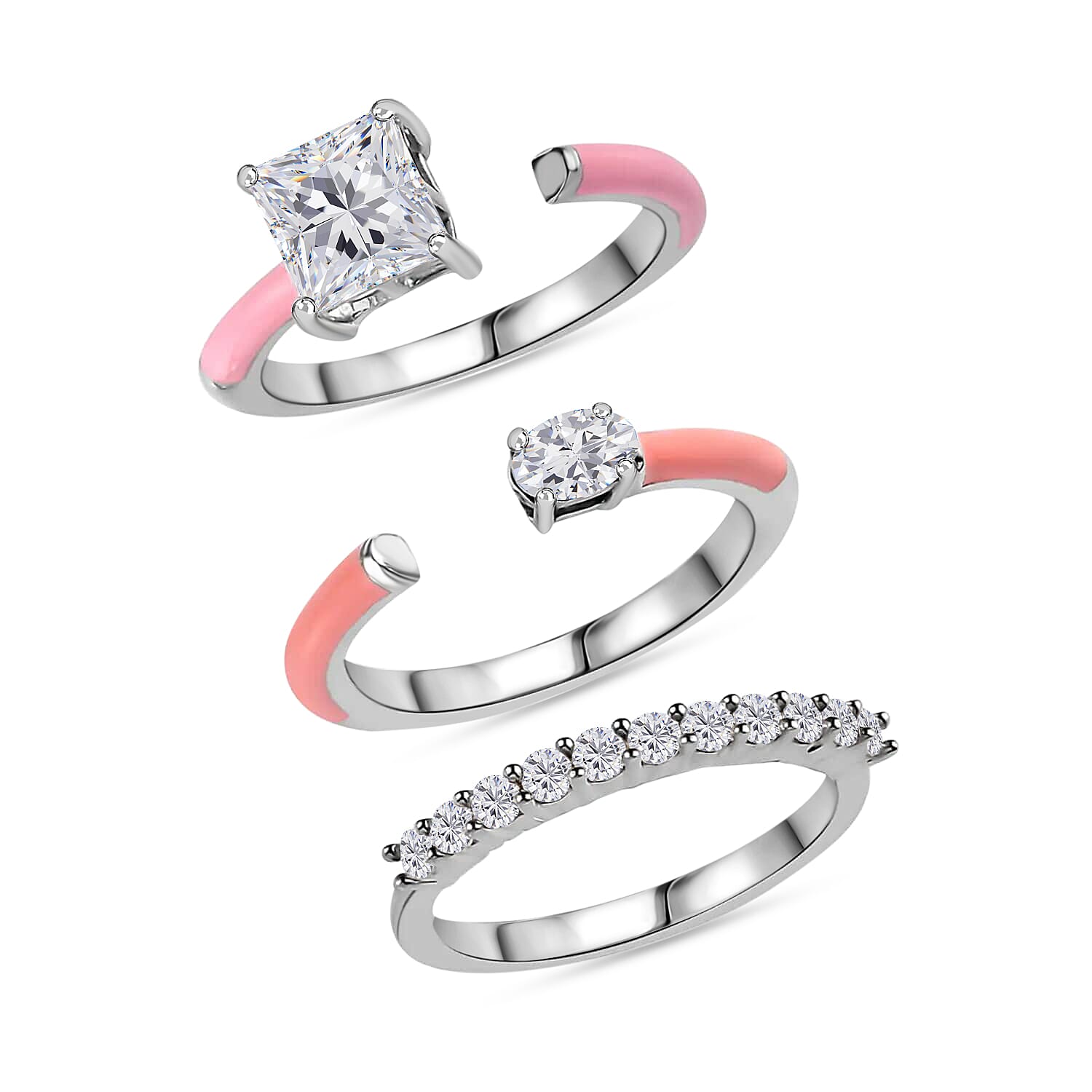 Set of 3 Moissanite and Enameled Stackable Ring in Platinum Over Sterling Silver 1.70 ctw