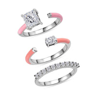 Set of 3 Moissanite and Enameled Stackable Ring in Platinum Over Sterling Silver 1.70 ctw