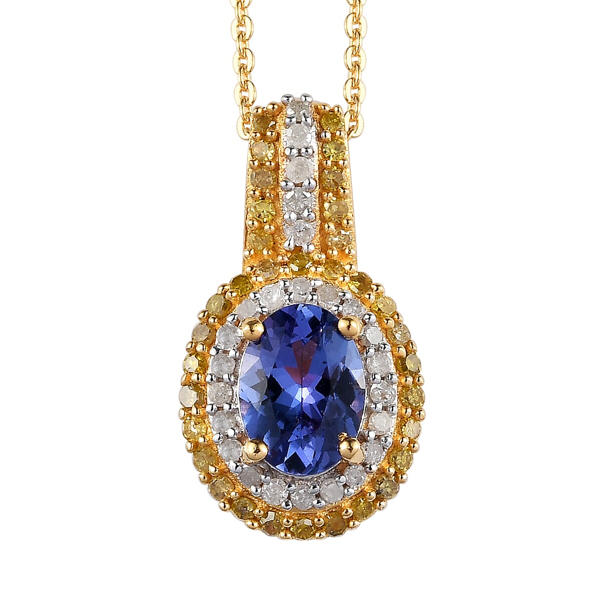 AAA Tanzanite, Natural Champagne and White Diamond Cocktail Pendant Necklace 20 Inches in Vermeil Rose Gold Over Sterling Silver 1.40 ctw
