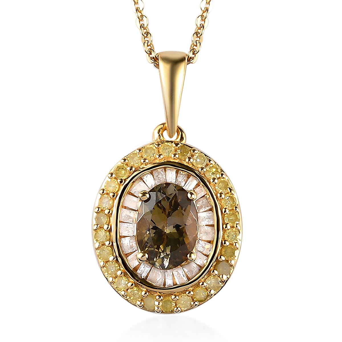 Natural Golden Tanzanite, Natural Yellow and White Diamond Double Halo Pendant Necklace 20 Inches in Vermeil Yellow Gold Over Sterling Silver 1.30 ctw