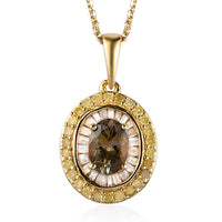 Natural Golden Tanzanite, Natural Yellow and White Diamond Double Halo Pendant Necklace 20 Inches in Vermeil Yellow Gold Over Sterling Silver 1.30 ctw