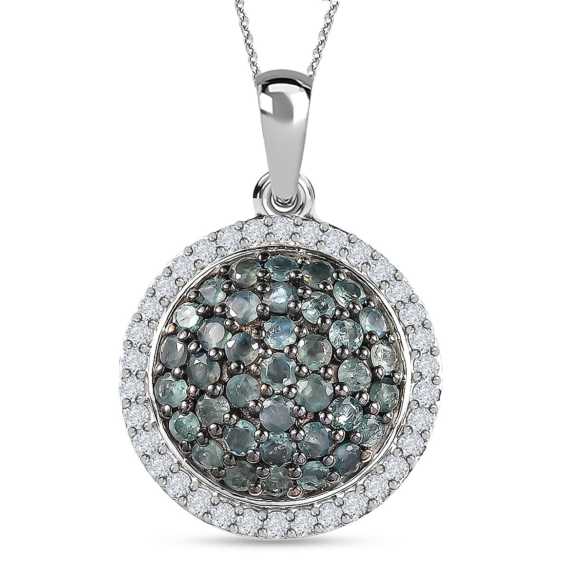 Narsipatnam Alexandrite and Natural White Zircon Round Shape Cocktail Pendant Necklace 20 Inches in Platinum Over Sterling Silver 2.10 ctw