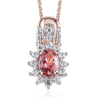 Blush Tourmaline and White Zircon Sunburst Pendant Necklace 20 Inches in Vermeil Rose Gold Over Sterling Silver 1.00 ctw