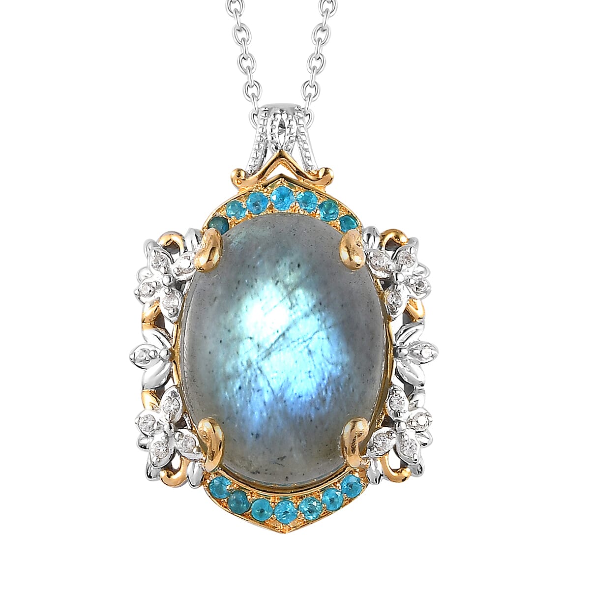 Madagascar Fire Labradorite and Multi Gemstone Pendant Necklace 20 Inches in Vermeil YG Platinum Over Sterling Silver 17.40 ctw