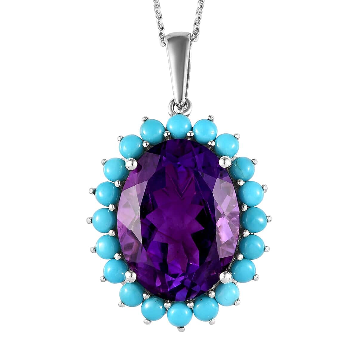 African Amethyst and Natural Sleeping Beauty Turquoise Floral Pendant Necklace 20 Inches in Platinum Over Sterling Silver 19.00 ctw