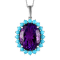 African Amethyst and Natural Sleeping Beauty Turquoise Floral Pendant Necklace 20 Inches in Platinum Over Sterling Silver 19.00 ctw - Sticky add to cart bar