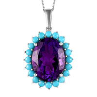 African Amethyst and Natural Sleeping Beauty Turquoise Floral Pendant Necklace 20 Inches in Platinum Over Sterling Silver 19.00 ctw