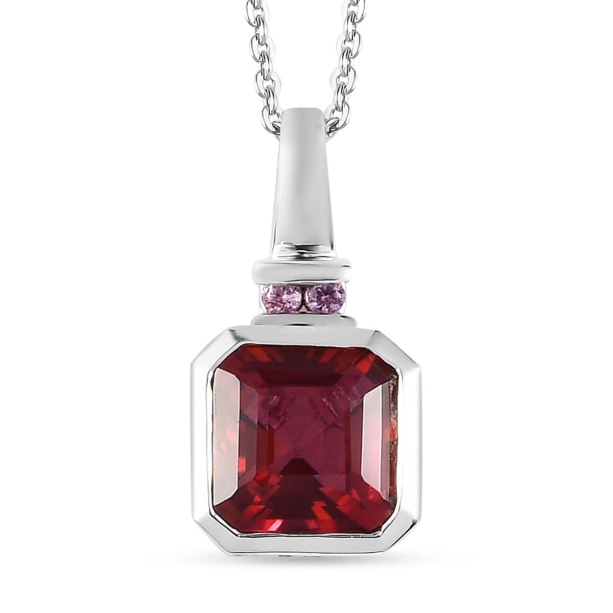 Asscher Cut Brazilian Pink Petalite and Madagascar Pink Sapphire Pendant Necklace 20 Inches in Platinum Over Sterling Silver 1.50 ctw