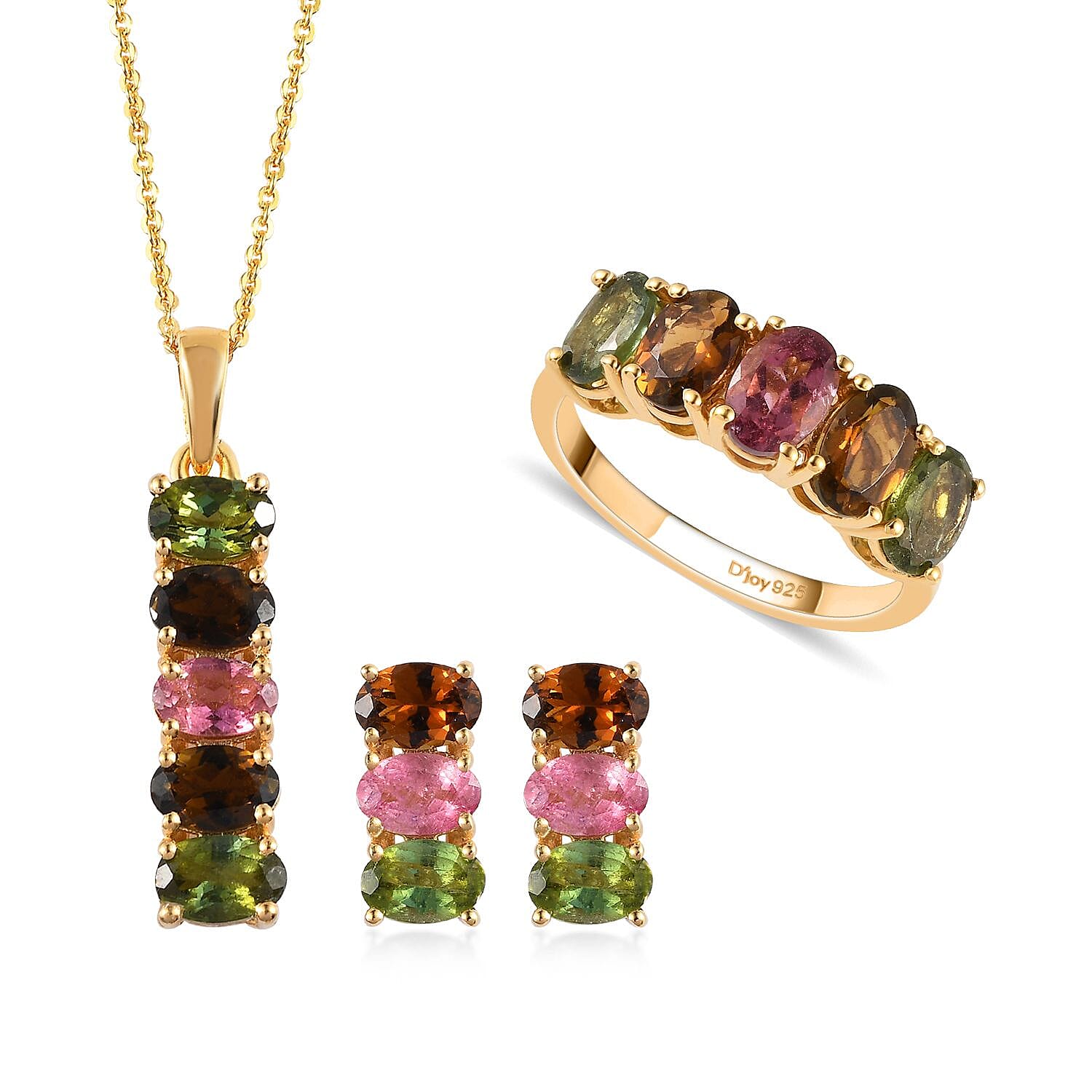 Multi-Tourmaline Ring (Size 8.00) Earrings and Pendant Necklace 20 Inches in Vermeil Yellow Gold Over Sterling Silver 7.35 Grams 7.25 ctw