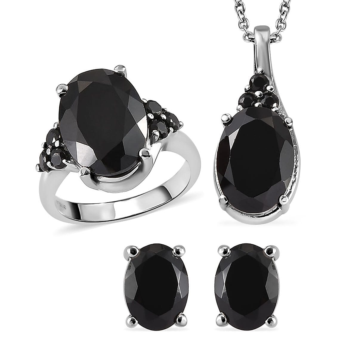Natural Thai Black Spinel Solitaire Ring , Stud Earrings and Pendant Necklace 20 Inches in Stainless Steel 18.60 ctw
