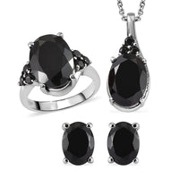 Natural Thai Black Spinel Solitaire Ring , Stud Earrings and Pendant Necklace 20 Inches in Stainless Steel 18.60 ctw