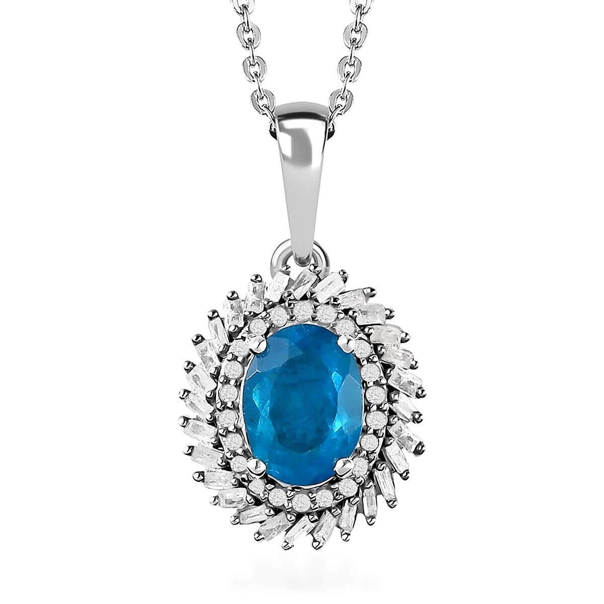 TLV Malgache Neon Apatite, Diamond (0.30 cts) Halo Pendant Necklace (20 Inches) in Platinum Over Sterling Silver 1.50 ctw