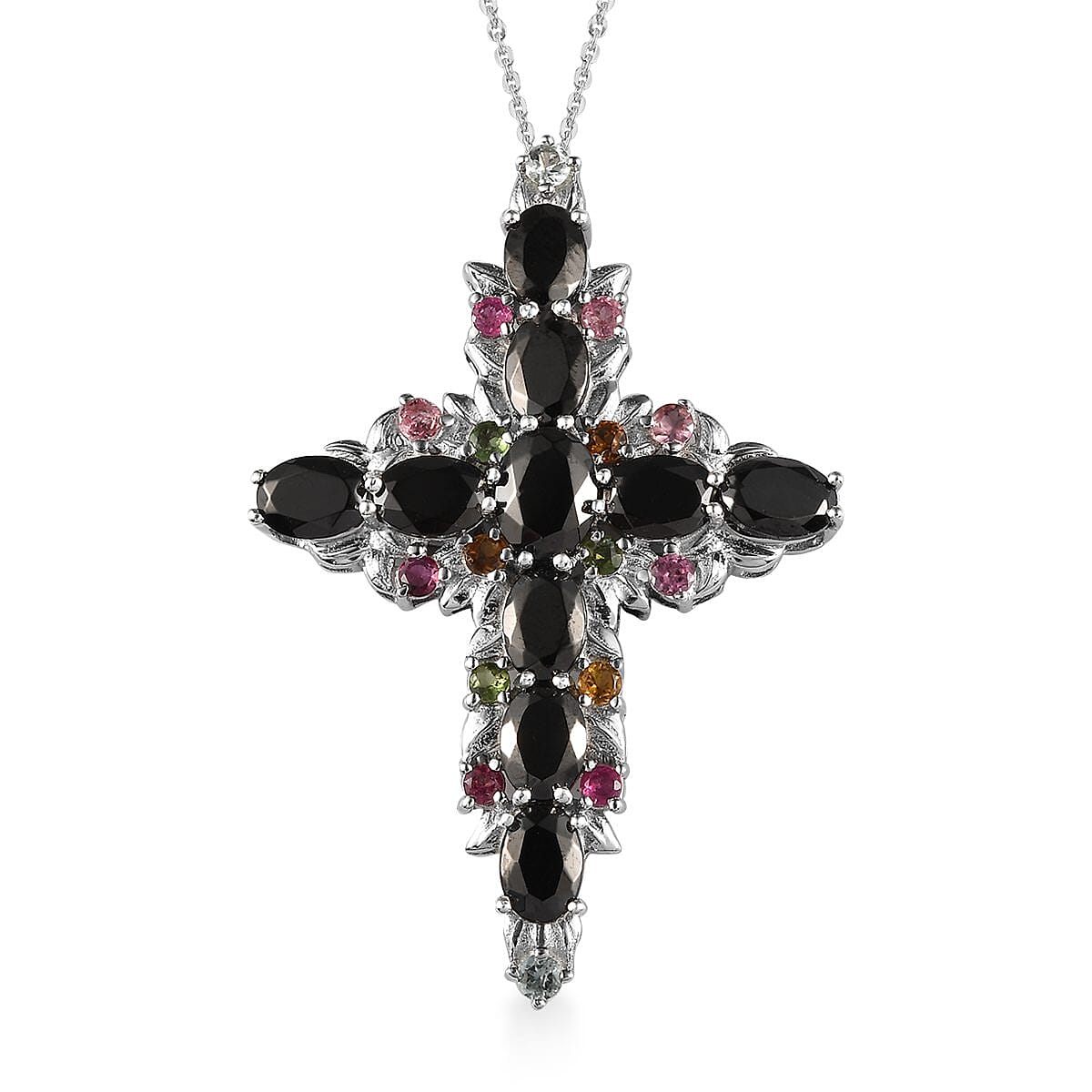 Elite Shungite and Multi-Tourmaline Cross Pendant Necklace 20 Inches in Platinum Over Sterling Silver 6.30 ctw