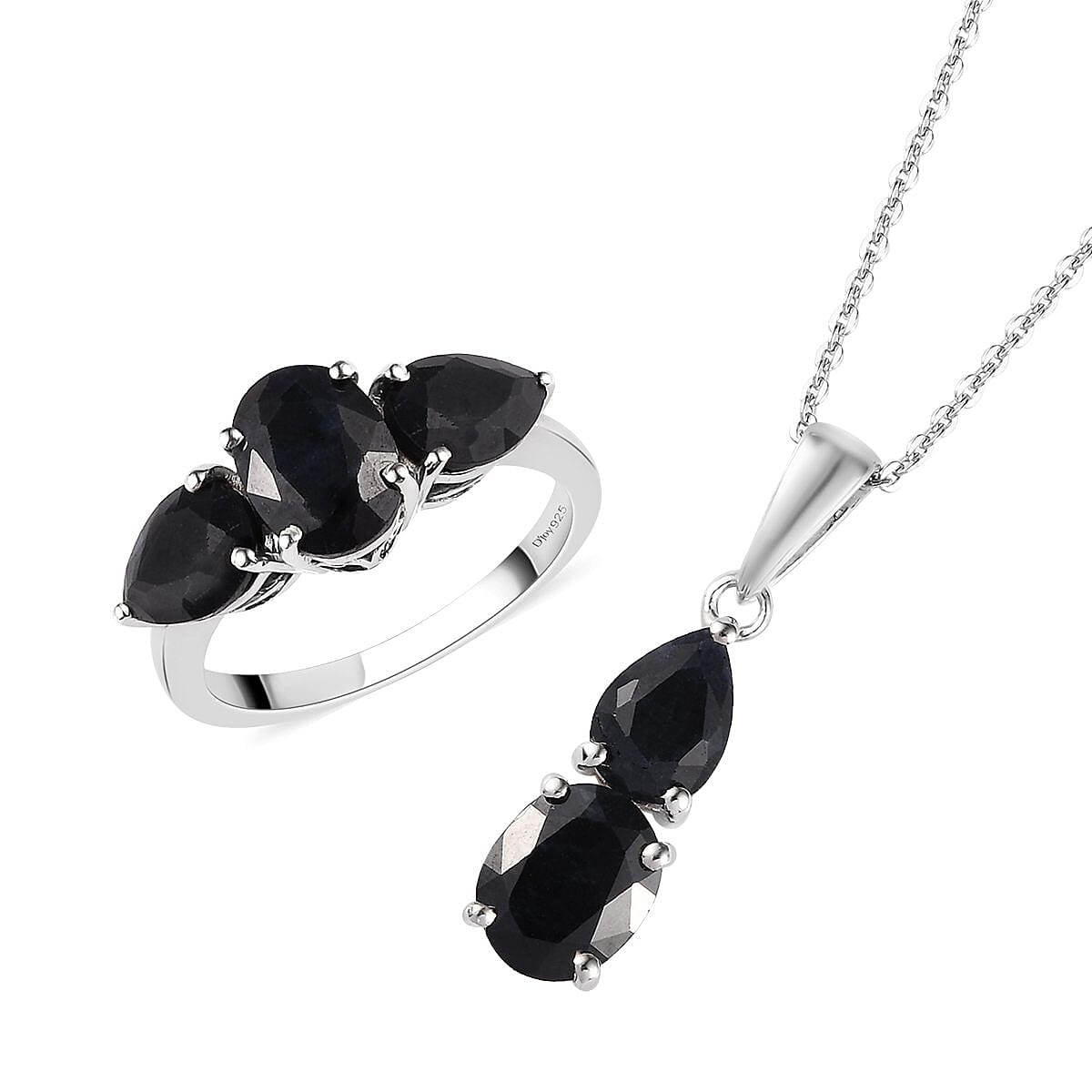 Australian Black Sapphire 3 Stone Ring (Size 5.0) and Pendant Necklace 20 Inches in Platinum Over Sterling Silver 6.60 ctw