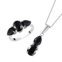 Australian Black Sapphire 3 Stone Ring (Size 5.0) and Pendant Necklace 20 Inches in Platinum Over Sterling Silver 6.60 ctw