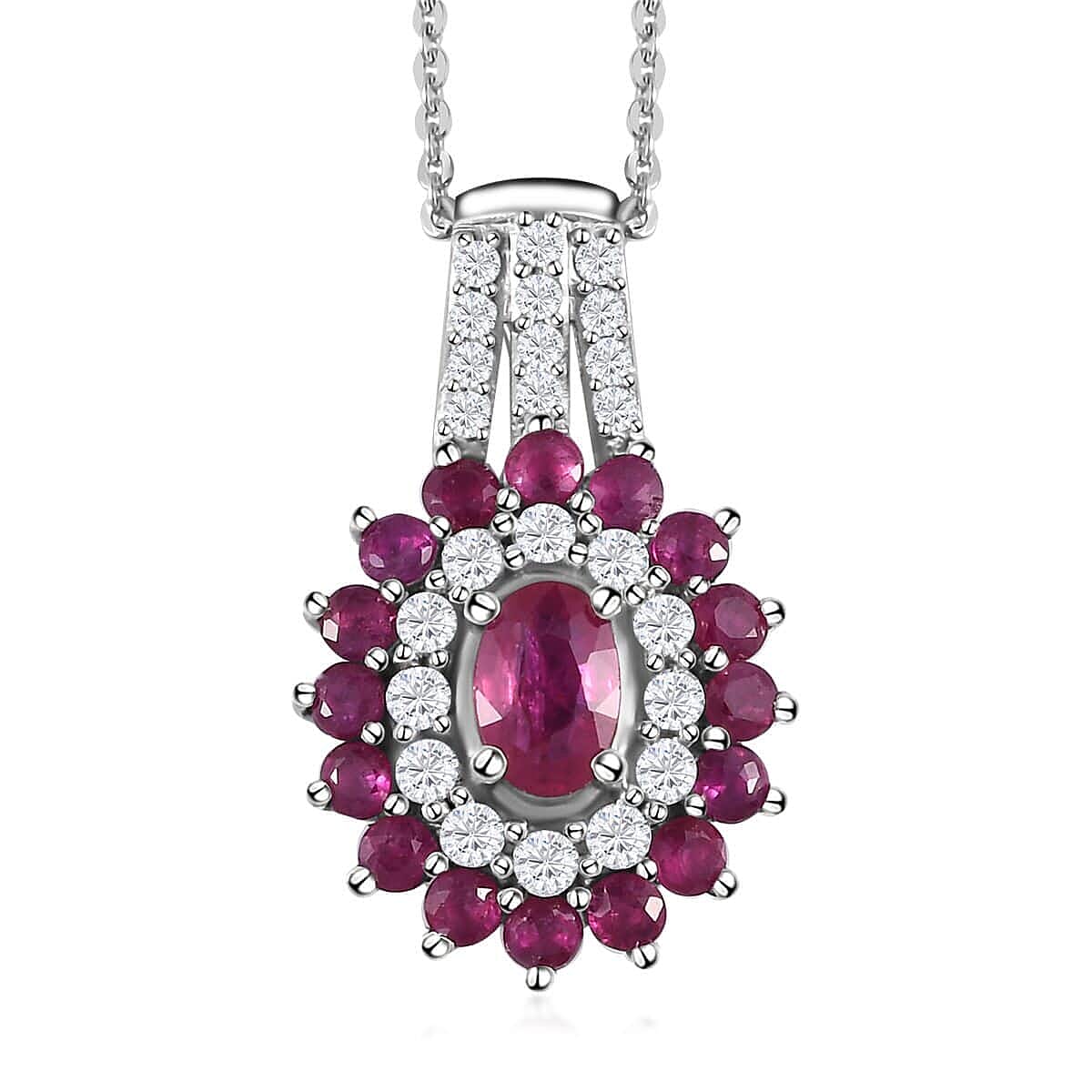Premium Mozambique Ruby and White Zircon Double Halo Pendant Necklace 20 Inches in Platinum Over Sterling Silver 1.85 ctw