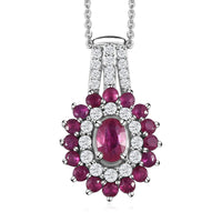 Premium Mozambique Ruby and White Zircon Double Halo Pendant Necklace 20 Inches in Platinum Over Sterling Silver 1.85 ctw