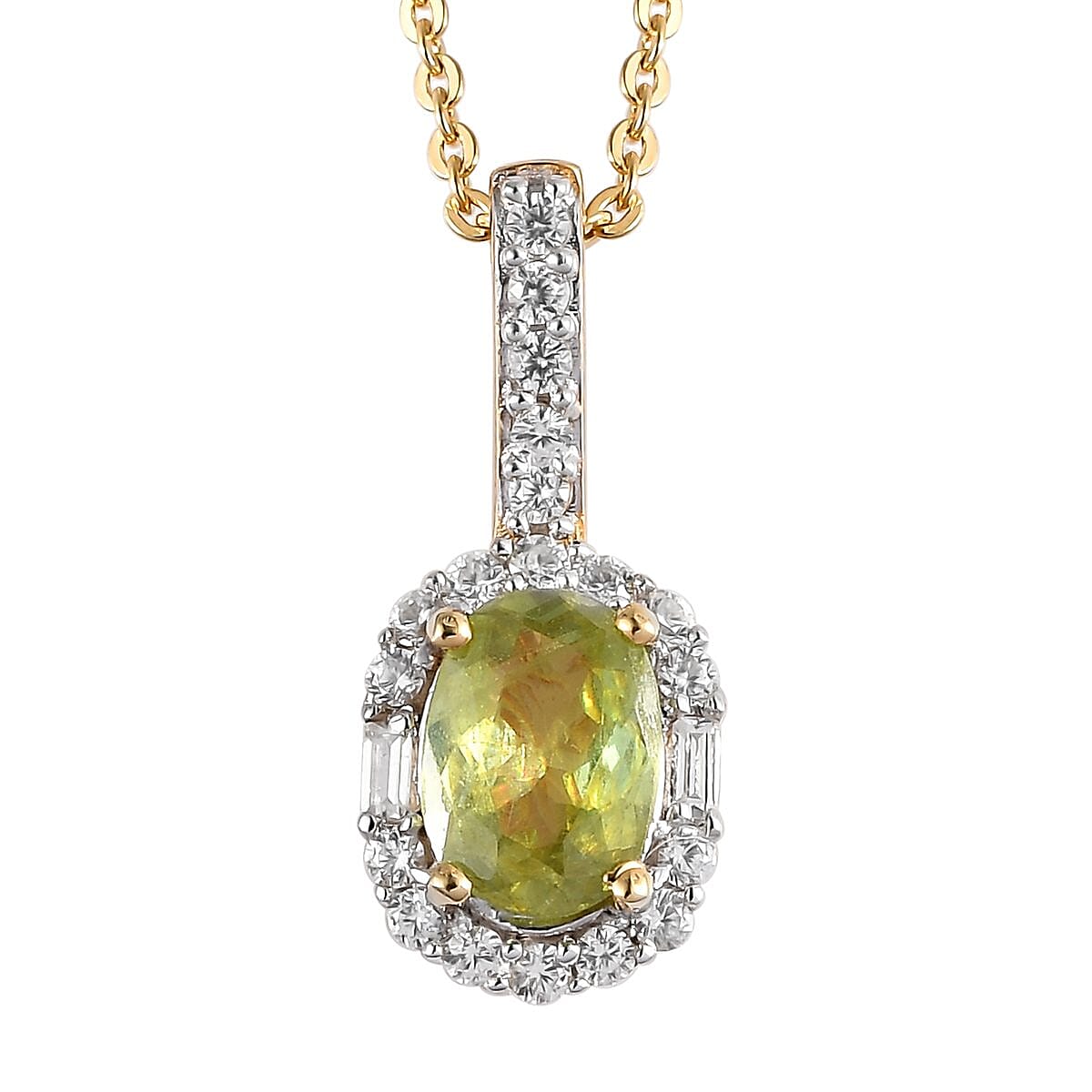 Premium Sava Sphene and White Zircon Halo Pendant Necklace 20 Inches in Vermeil Yellow Gold Over Sterling Silver 1.20 ctw