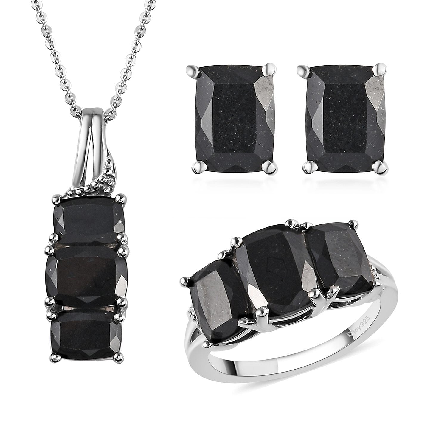 Australian Black Tourmaline 3 Stone Ring SIZE 9.00 Stud Earrings and Pendant Necklace 20 Inches in Platinum Over Sterling Silver 8.50 Grams 9.60 ctw