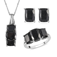 Australian Black Tourmaline 3 Stone Ring SIZE 9.00 Stud Earrings and Pendant Necklace 20 Inches in Platinum Over Sterling Silver 8.50 Grams 9.60 ctw