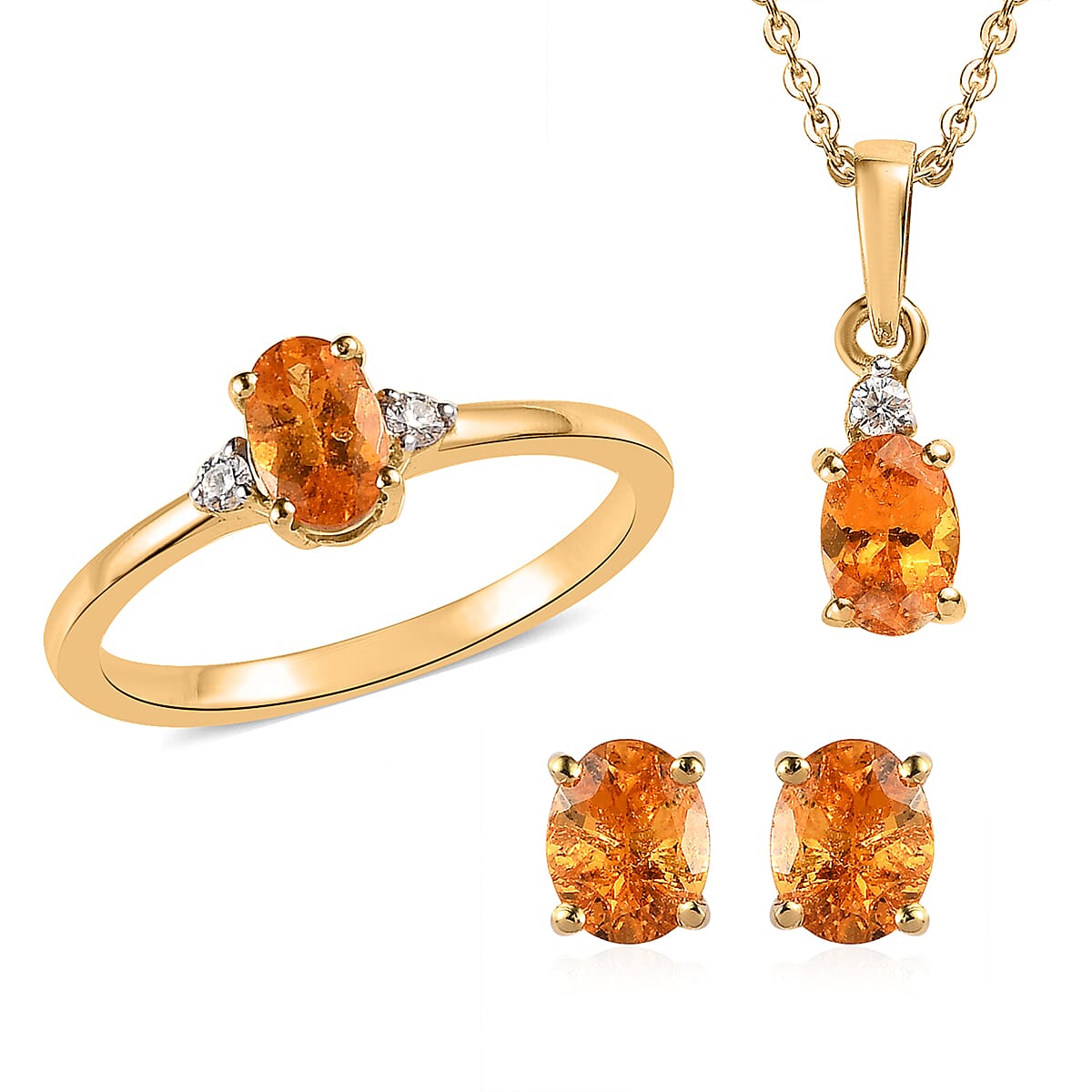 Viceroy Spessartine Garnet Solitaire Ring , Stud Earrings and Pendant Necklace 20 Inches in Vermeil Yellow Gold Over Sterling Silver 2.35 ctw