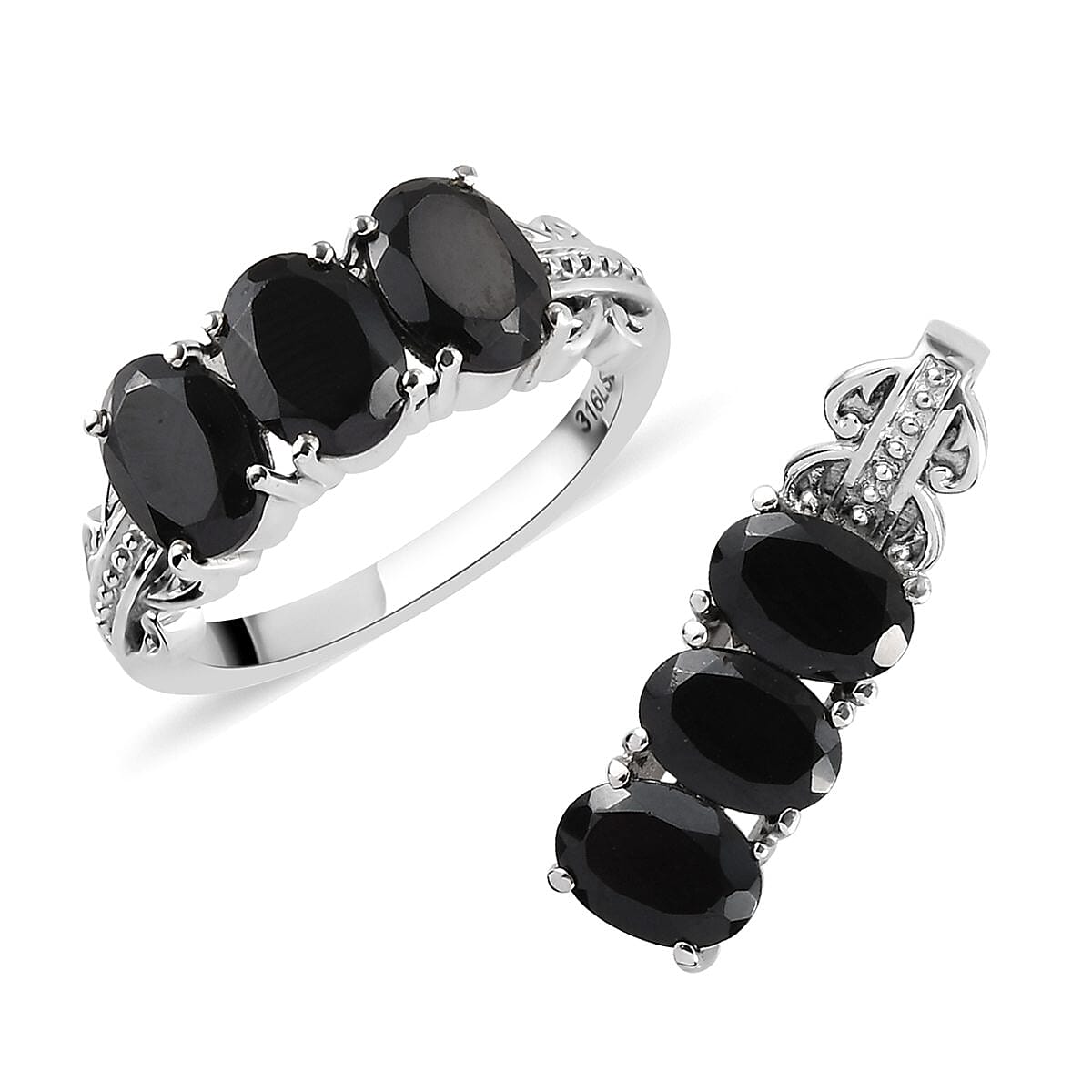 Natural Thai Black Spinel 3 Stone Ring and Pendant in Stainless Steel 6.75 ctw