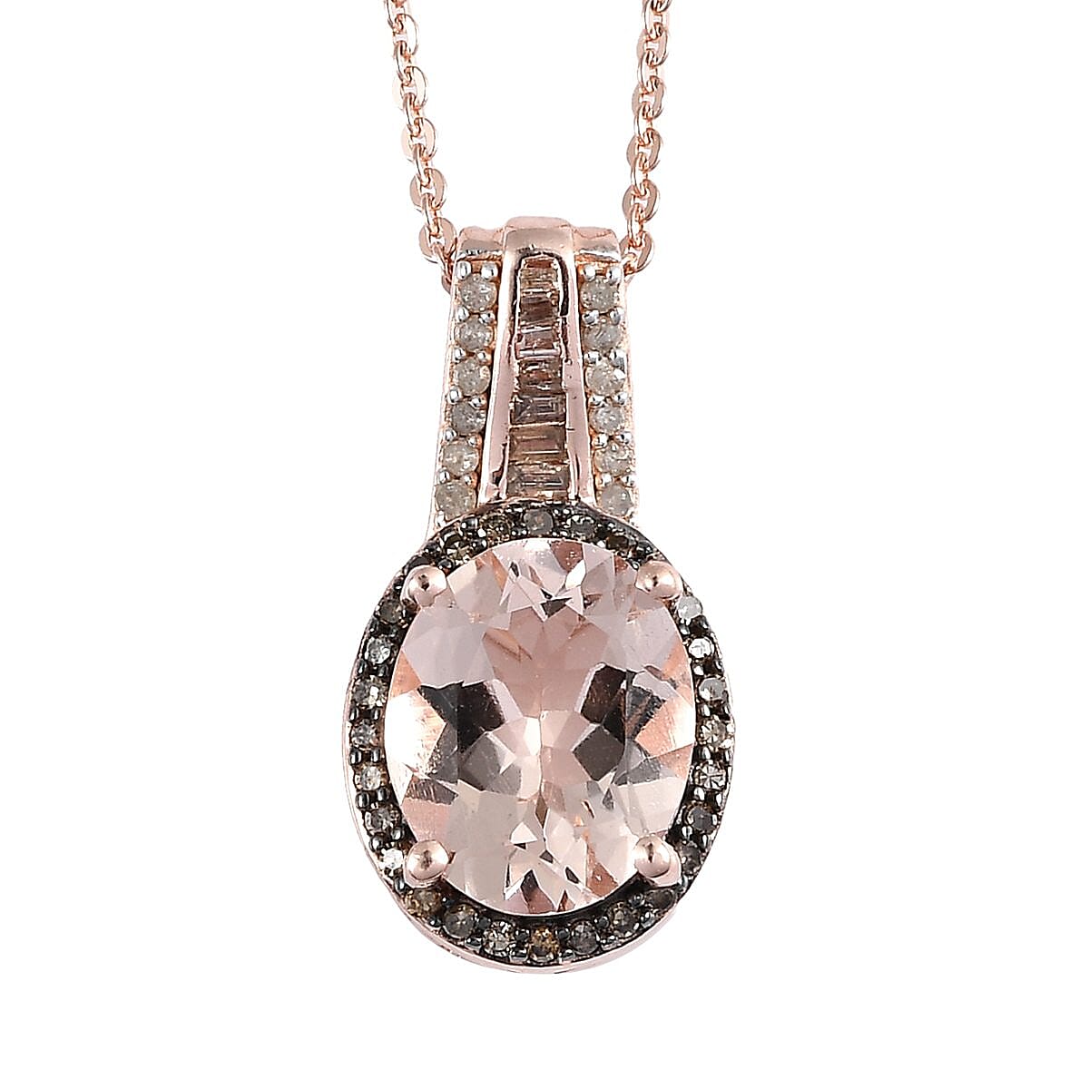 Premium Marropino Morganite, Natural Champagne and White Diamond Pendant Necklace 20 Inches in Vermeil Rose Gold Over Sterling Silver 2.50 ctw