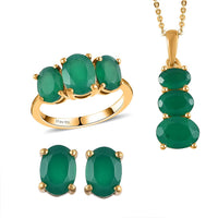 Verde Onyx 3 Stone Ring Size 5.0 and Dangle Earrings and Pendant Necklace 20 Inches in Vermeil Yellow Gold Over Sterling Silver 7.10 Grams 5.90 ctw