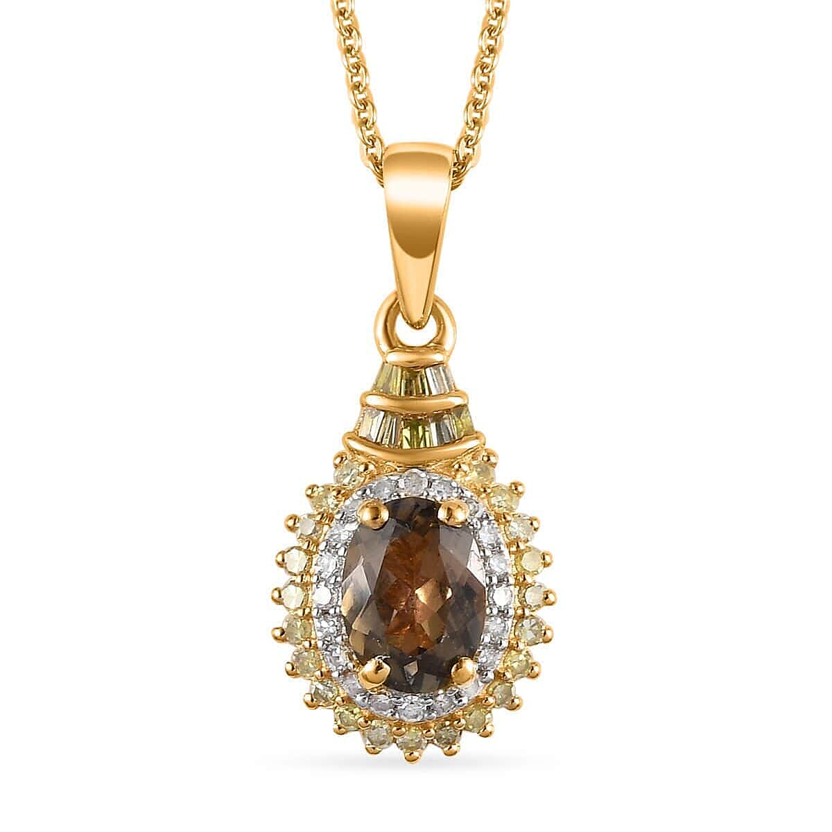 TLV Ethiopian Emerald, Natural Champagne and White Diamond (0.30 cts) Double Halo Pendant Necklace (20 Inches) in Vermeil YG Over Sterling Silver 1.00 ctw