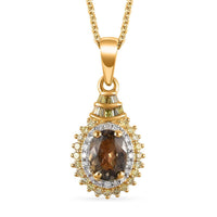 TLV Ethiopian Emerald, Natural Champagne and White Diamond (0.30 cts) Double Halo Pendant Necklace (20 Inches) in Vermeil YG Over Sterling Silver 1.00 ctw