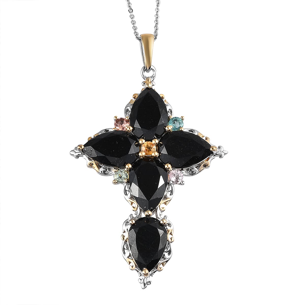 Australian Black Tourmaline and Multi-Tourmaline Cross Pendant Necklace 20 Inches in Vermeil YG and Platinum Over Sterling Silver 16.70 ctw