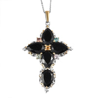 Australian Black Tourmaline and Multi-Tourmaline Cross Pendant Necklace 20 Inches in Vermeil YG and Platinum Over Sterling Silver 16.70 ctw