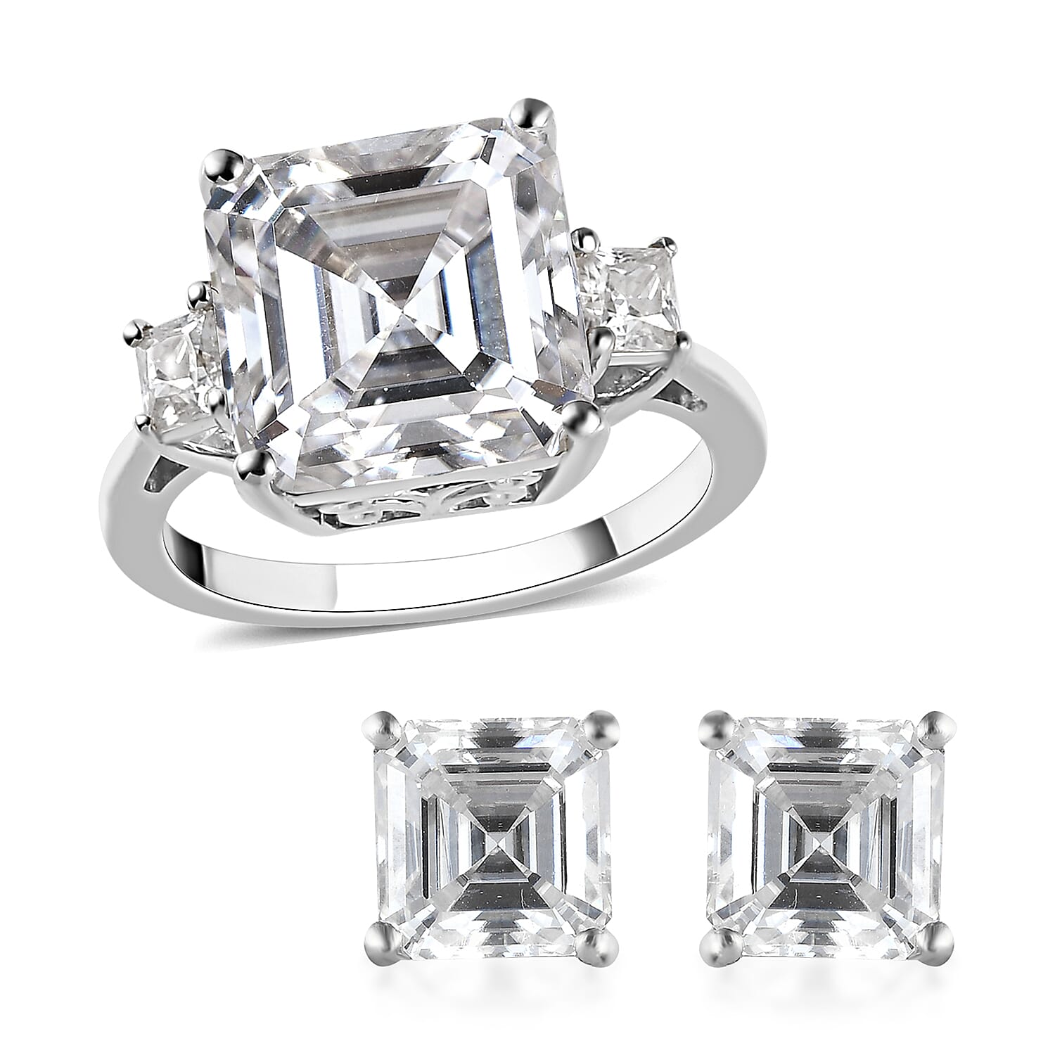 Doorbuster Asscher Cut Moissanite Ring and Earrings in Platinum Over Sterling Silver 8.40 ctw