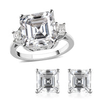 Doorbuster Asscher Cut Moissanite Ring and Earrings in Platinum Over Sterling Silver 8.40 ctw