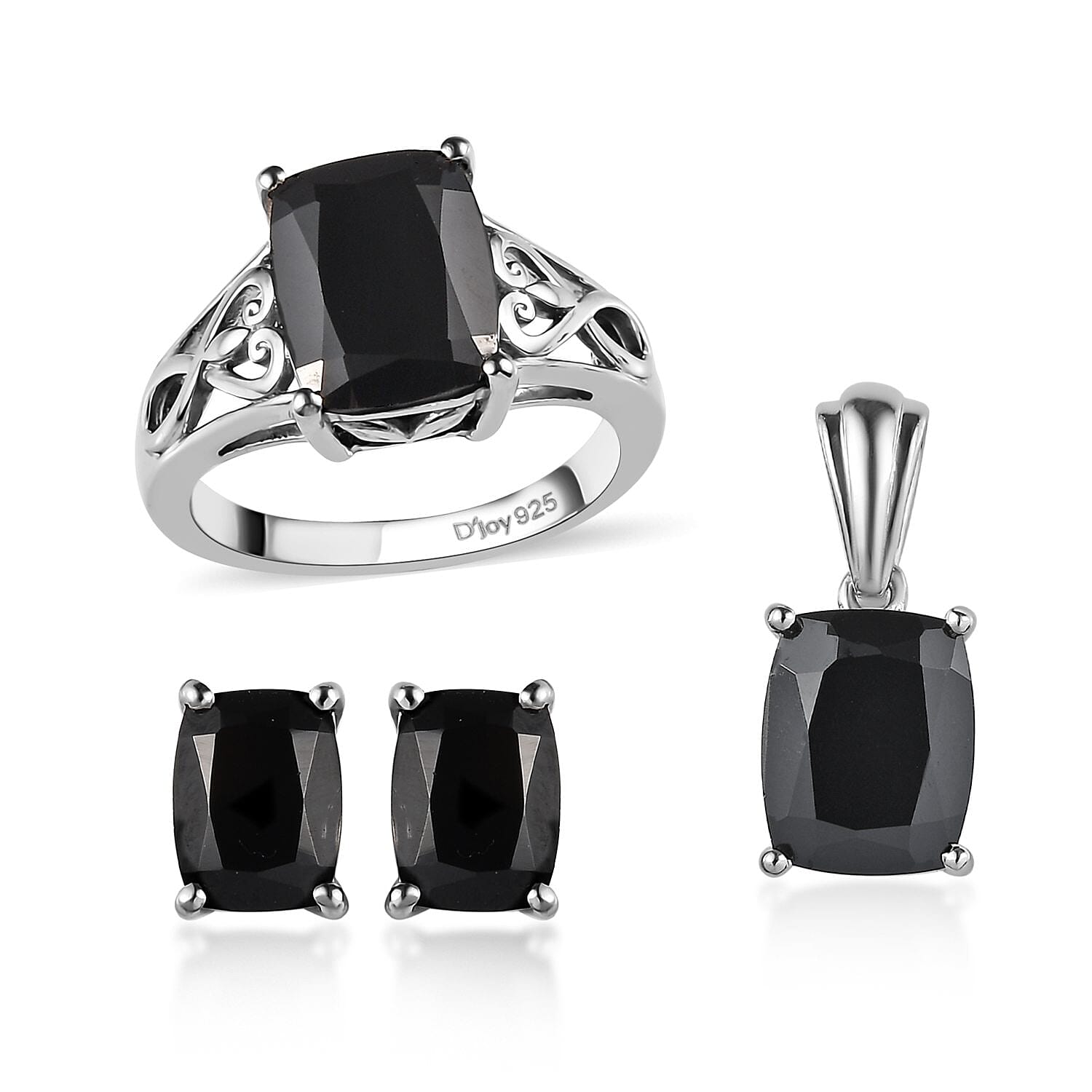 Doorbuster Natural Thai Black Spinel Solitaire Ring Stud Earrings and Solitaire Pendant in Platinum Over Sterling Silver 10.10 Grams 9.20 ctw