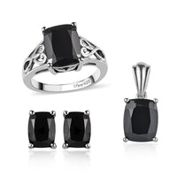 Doorbuster Natural Thai Black Spinel Solitaire Ring Stud Earrings and Solitaire Pendant in Platinum Over Sterling Silver 10.10 Grams 9.20 ctw