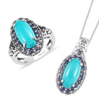 American Natural Sleeping Beauty Turquoise and Catalina Iolite Halo Ring and Pendant Necklace 20 Inches in Platinum Over Sterling Silver 9.25 Grams 7.65 ctw