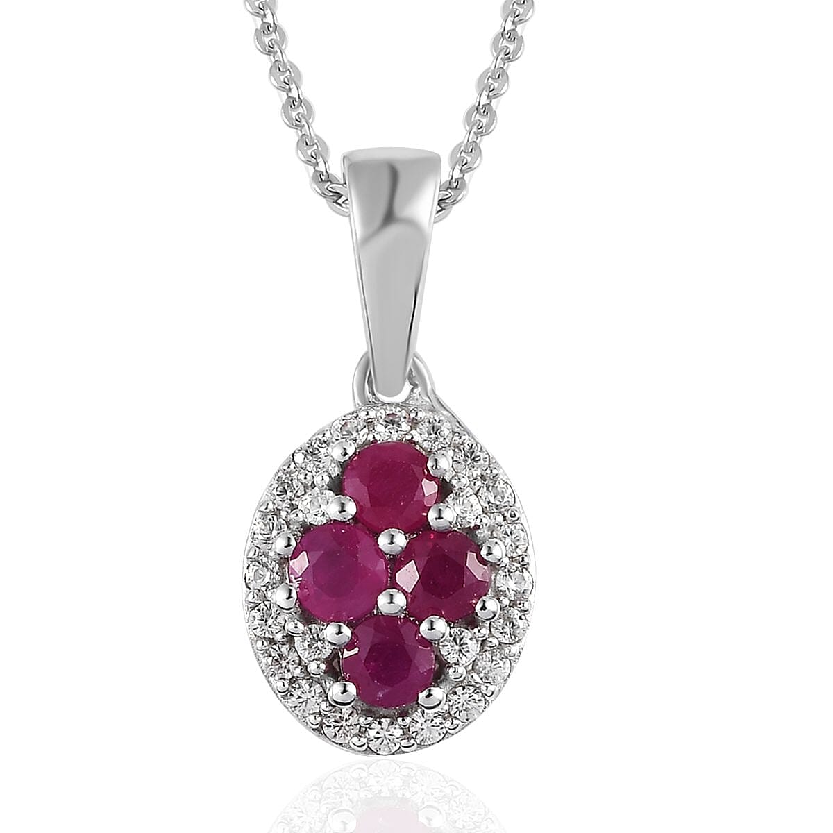 Premium Mozambique Ruby, White Zircon 0.90 ctw Pendant Necklace in Platinum Over Sterling Silver 20 Inches