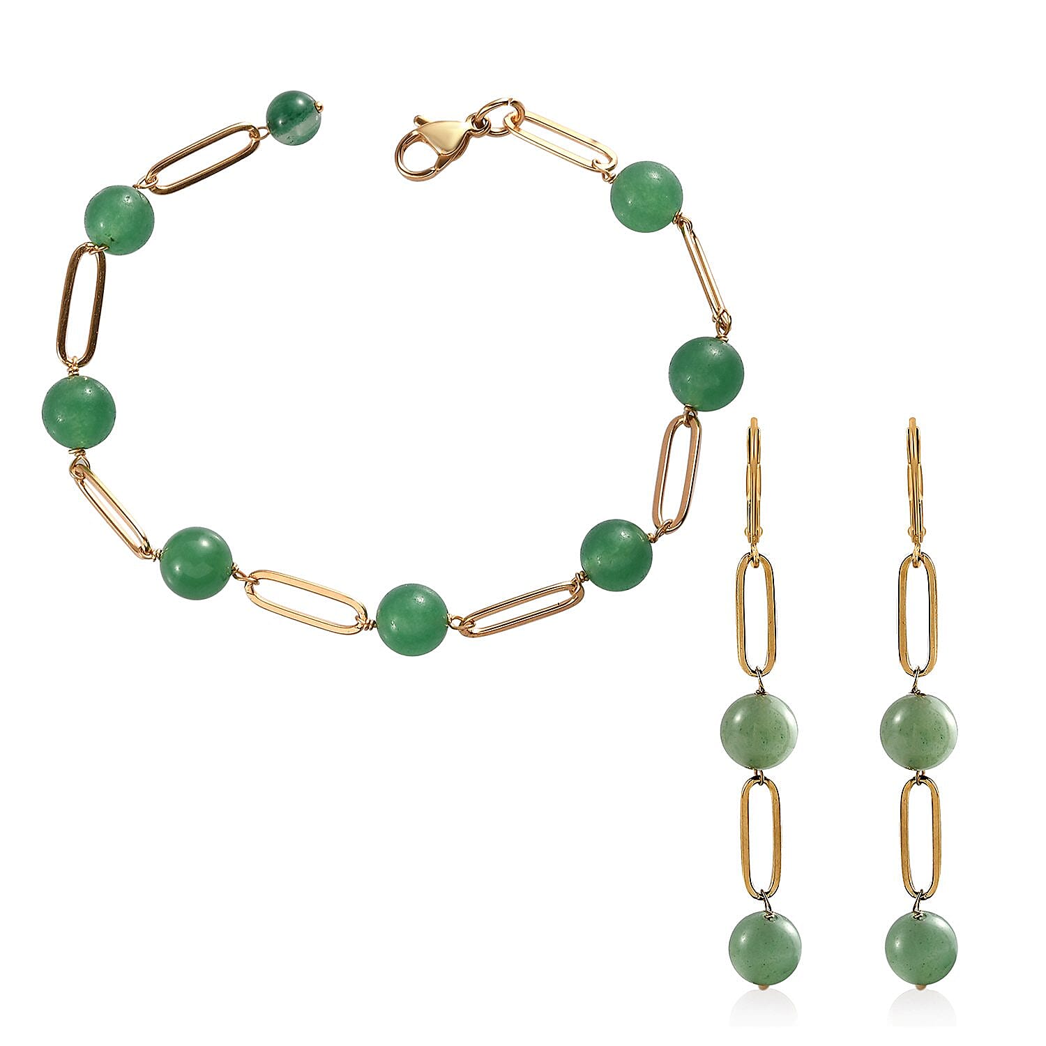 TLV Green Aventurine Bracelet (8In) and Earrings in ION Plated YG Stainless Steel 39.50 ctw