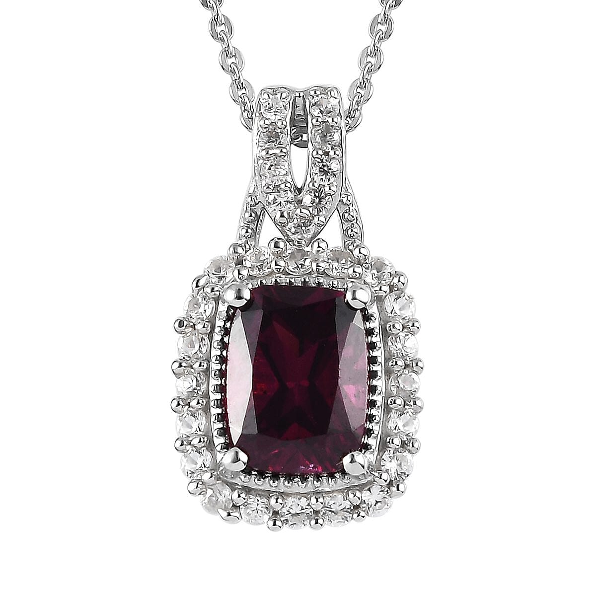 Orissa Rhodolite Garnet and White Zircon Halo Pendant Necklace 20 Inches in Platinum Over Sterling Silver 2.25 ctw