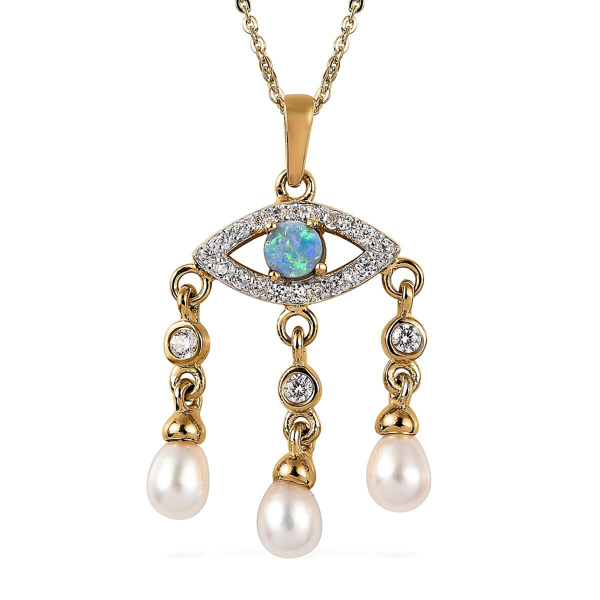 Boulder Opal Triplet, Freshwater Pearl, Zircon Evil Eye Protector Drop Pearls Fringe Pendant Necklace 20 Inches in Vermeil Yellow Gold Over Sterling Silver 0.60 ctw