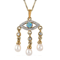 Boulder Opal Triplet, Freshwater Pearl, Zircon Evil Eye Protector Drop Pearls Fringe Pendant Necklace 20 Inches in Vermeil Yellow Gold Over Sterling Silver 0.60 ctw