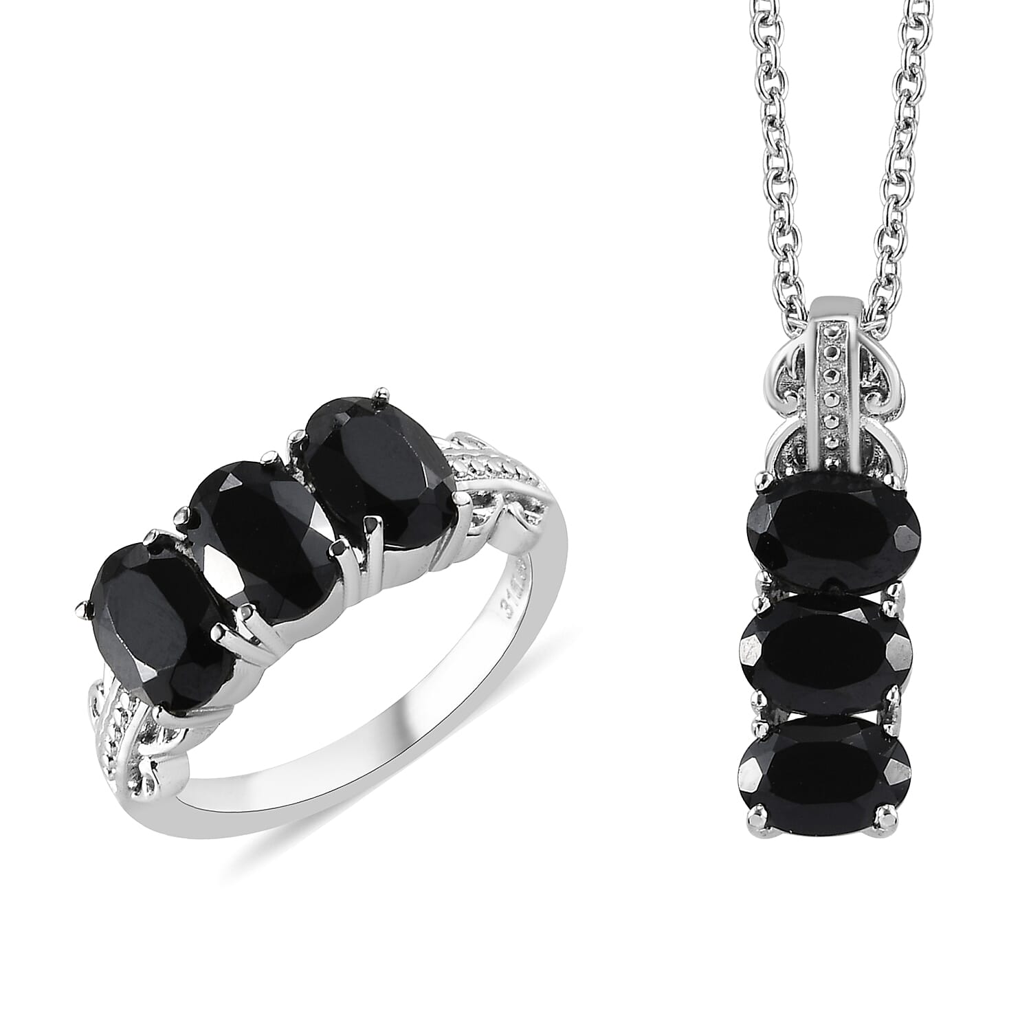 Thai Black Spinel 3 Stone Ring Size 5 and Pendant Necklace 20 Inches in Stainless Steel 6.10 ctw