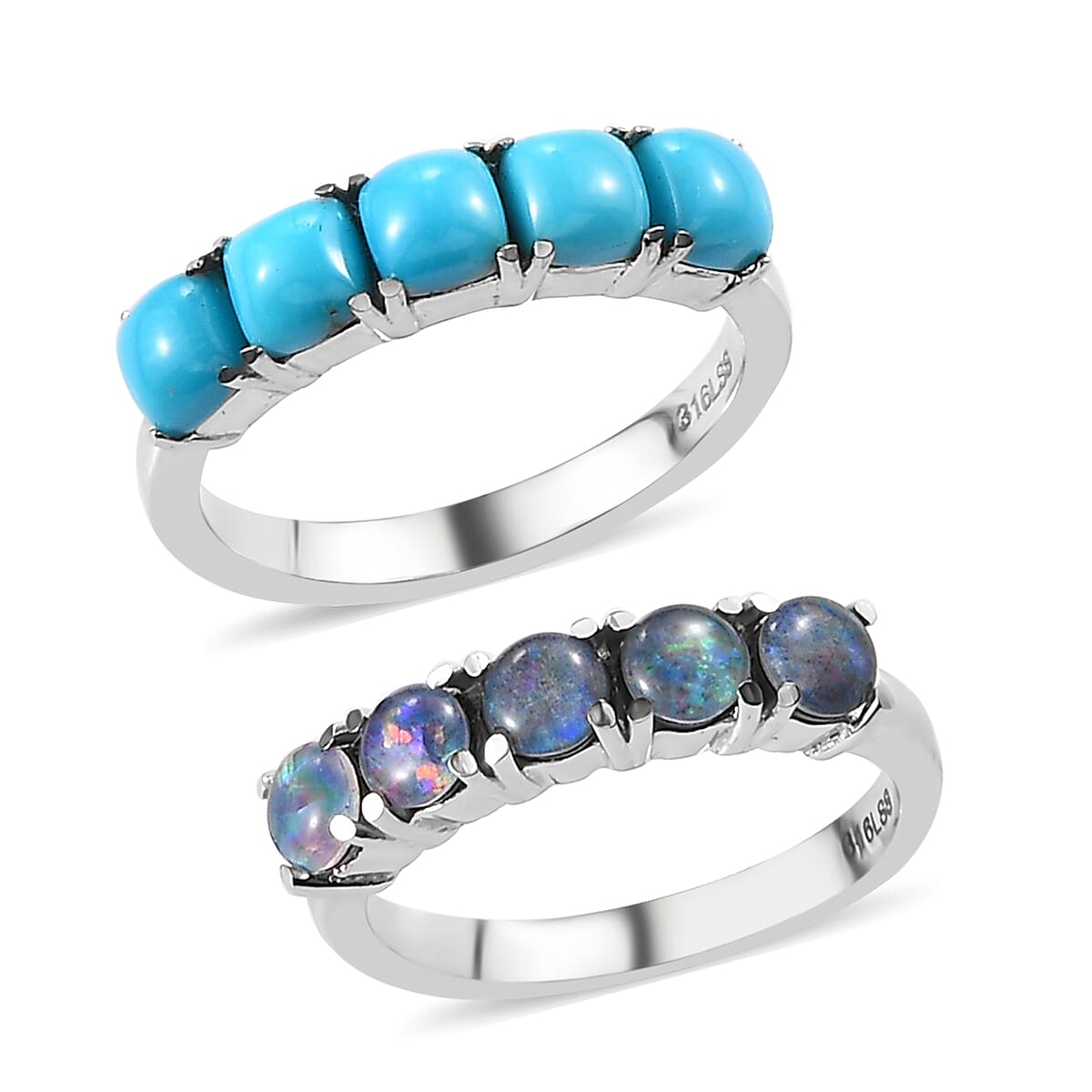 Premium Sleeping Beauty Turquoise and Boulder Opal Triplet 5 Stone Set of 2 Ring in Stainless Steel 2.85 ctw