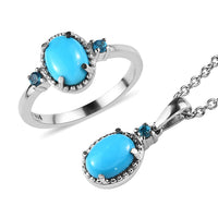 Premium Sleeping Beauty Turquoise, Malgache Neon Apatite Ring Size 6 and Pendant Necklace 20 Inches in Stainless Steel 2.10 ctw