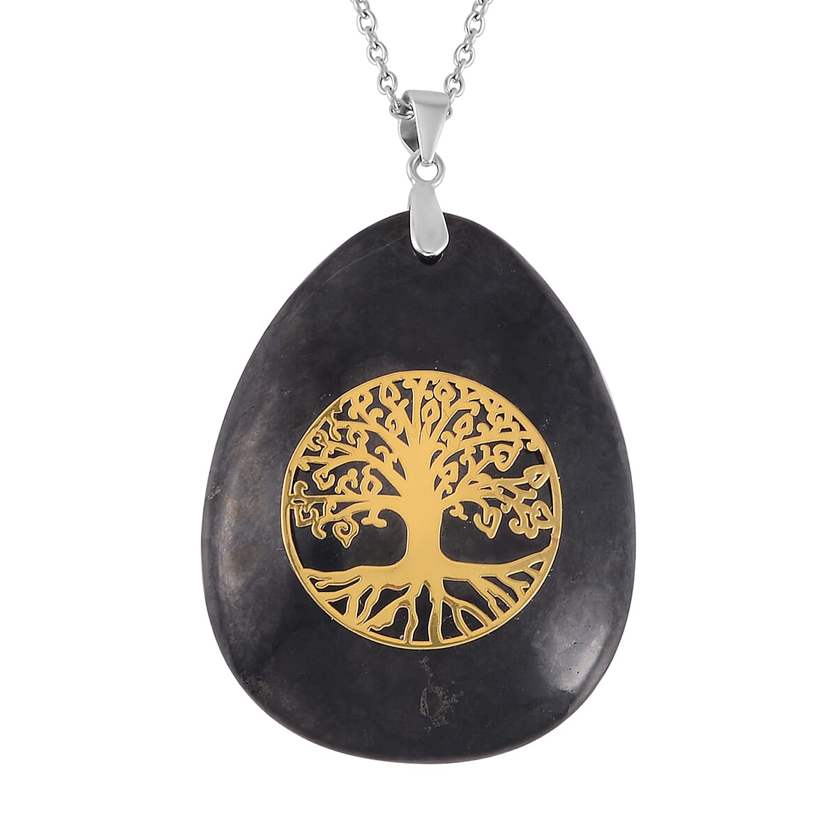 Shungite Life Of Tree Pendant in Rhodium Over Sterling Silver with Stainless Steel Necklace 20 Inches 87.90 ctw